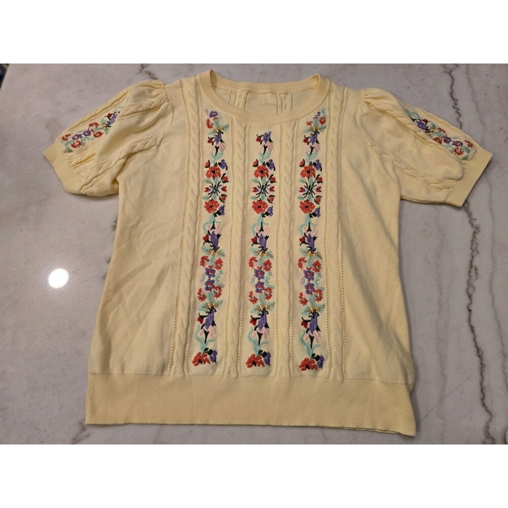 Grandma Core Yellow Embroidered Cable Knit Sweater T Shirt Large Stretch Cottage